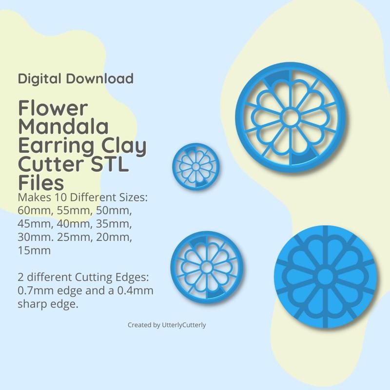 Flower Mandala 1 Circle Clay Cutter - STL Digital File Download- 10 sizes and 2 Cutter Versions