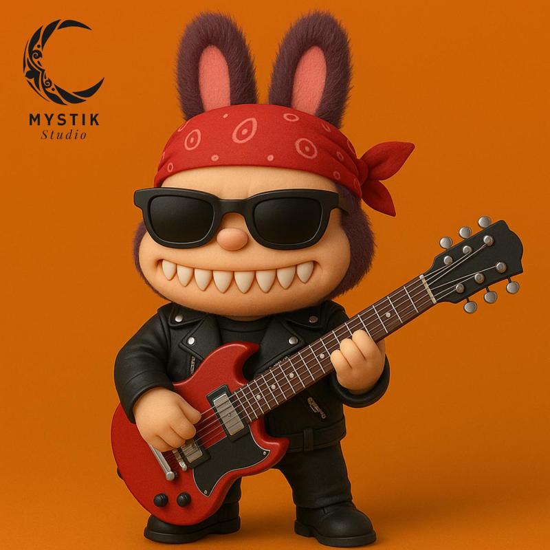 Labubu Rockstar - Rocker with Electric Guitar and Bandana