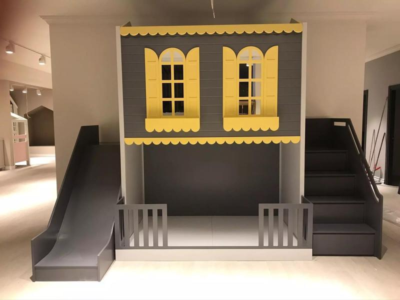 two-story bunk bed and play area