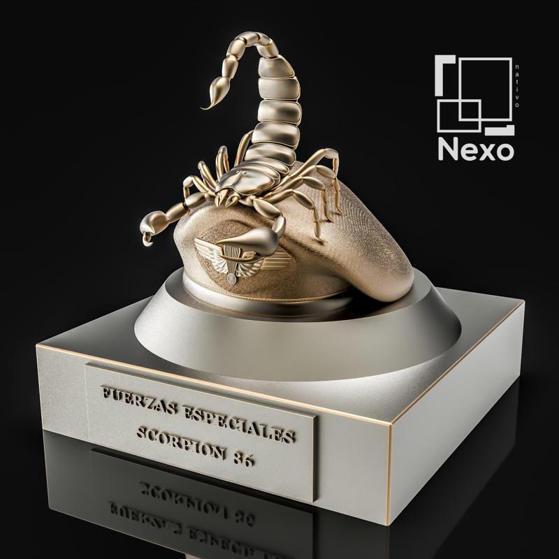 MILITARY TROPHY WITH BERET, SCORPION AND PLAQUE IN WHITE, CUSTOMIZABLE.