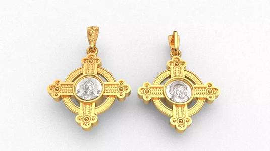 Krest-cross 3D print model gold pendant with diamond in center