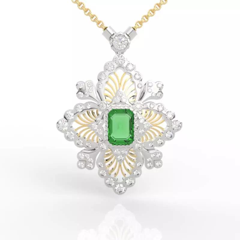 Floral Necklace with Emerald-Cut Gemstone