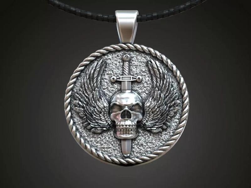 Pendant skull wings sword