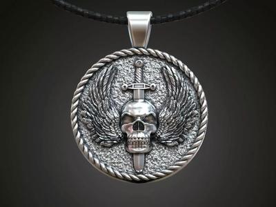 Pendant skull wings sword