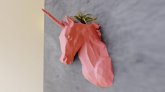 unicorn head wall mount planter pot flower vase low poly stl