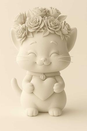 Kawaii Cat with Flower Crown & Heart – Cute 3D Model STL for Printing