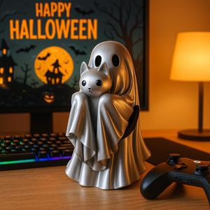 Cute Ghost with Cat 3D Print Model – Halloween Figurine, Spooky Decor, Printable Statue