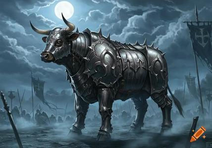 A powerful bull wearing dark, spiked medieval armor