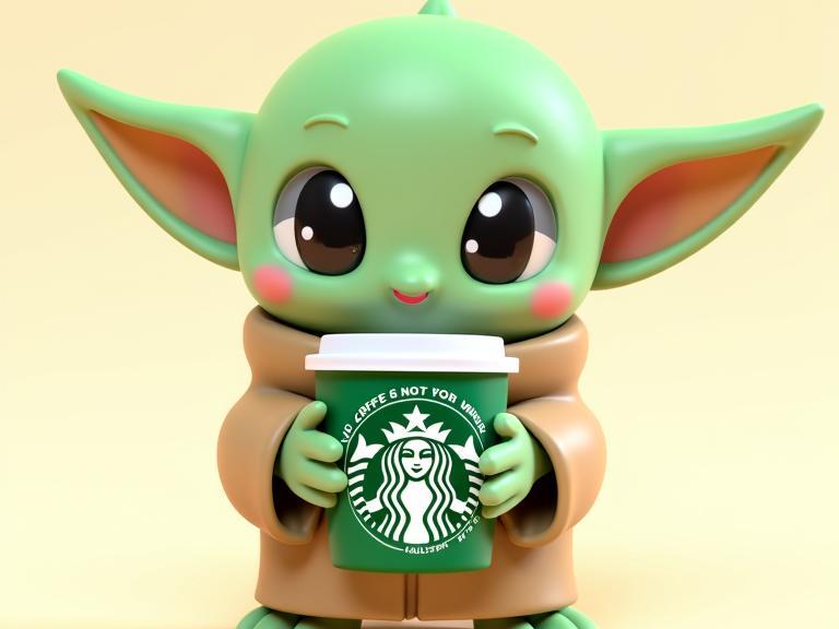 Baby Yoda holding Starbucks coffee