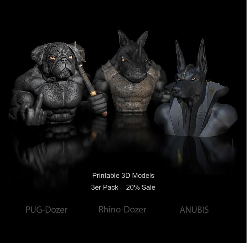 30% discount- 3 gods package- Anubis-God, Pug and Rhino-Dozer - Bust