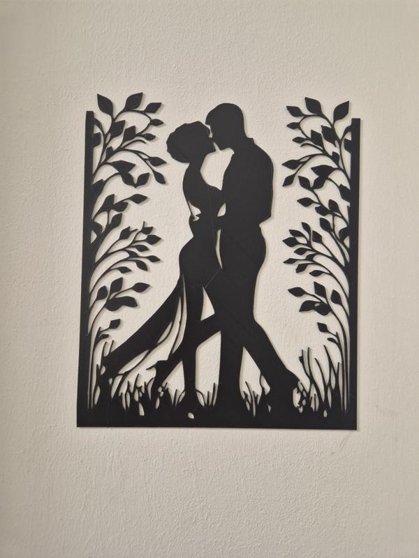 Line Art Drawing of a Boy and Girl Kissing in a Beautiful Natural Landscape