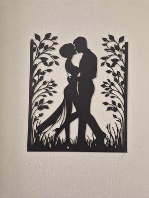 Line Art Drawing of a Boy and Girl Kissing in a Beautiful Natural Landscape