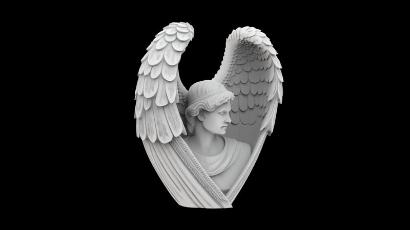 sculpture angel wings embracing a bust angel
