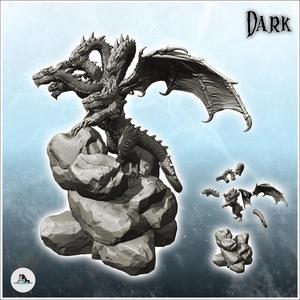 Winged hydra dragon with six heads, with spiked necks and scales, on rock (24) - Medieval Dark Chaos Animal Beast Undead Tabletop Terrain