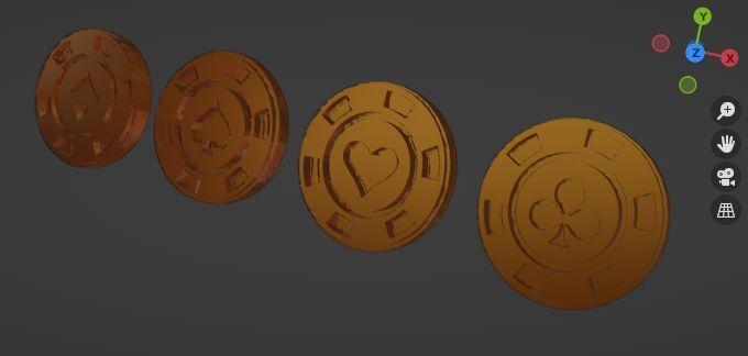 Casino chips - 4 suits - clubs - clubs - diamonds - spades and hearts