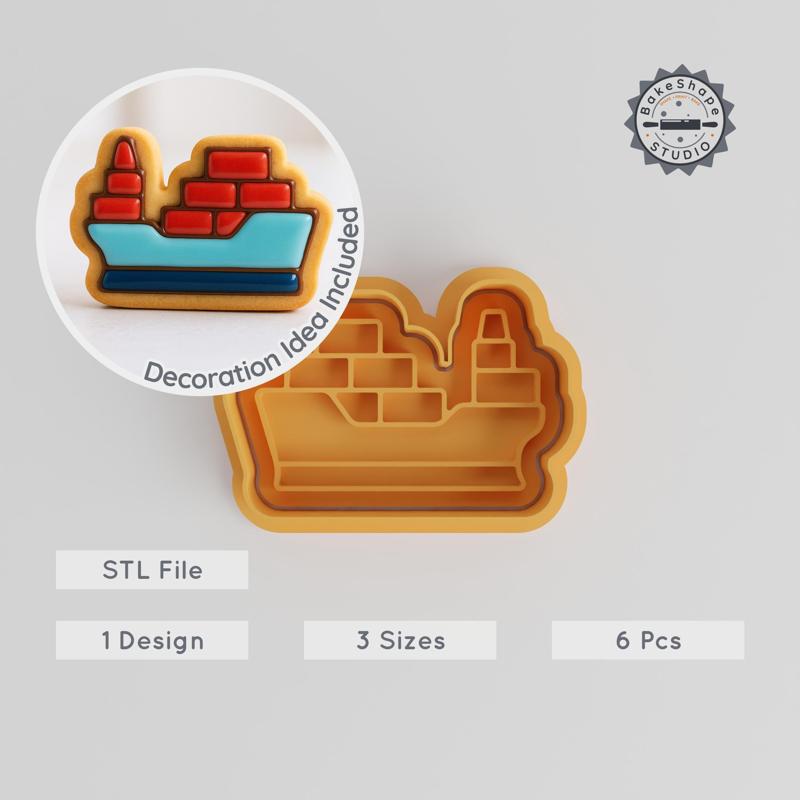 Cargo Ship Cookie Cutter & Stamp Set, Ocean Freighter, Maritime Carrier, 3 Sizes S/M/L, Perfect for Cookies & Fondant