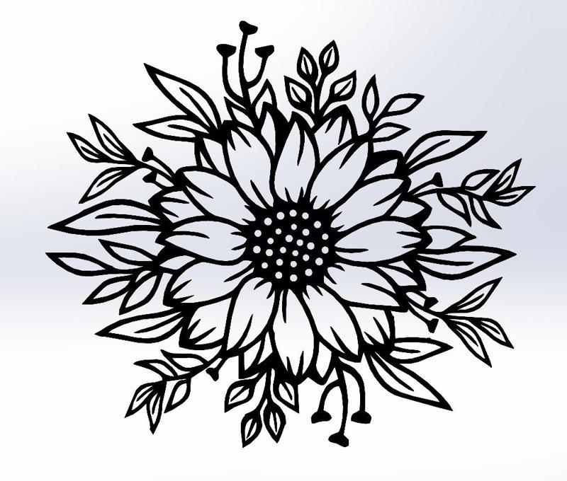 Line Art: Sunflower Surrounded by Leaves