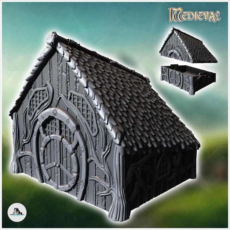 Medieval hobbit house with pitched roof and round door (14) - Medieval Fantasy Magic Feudal Old Archaic Saga 28mm 15mm