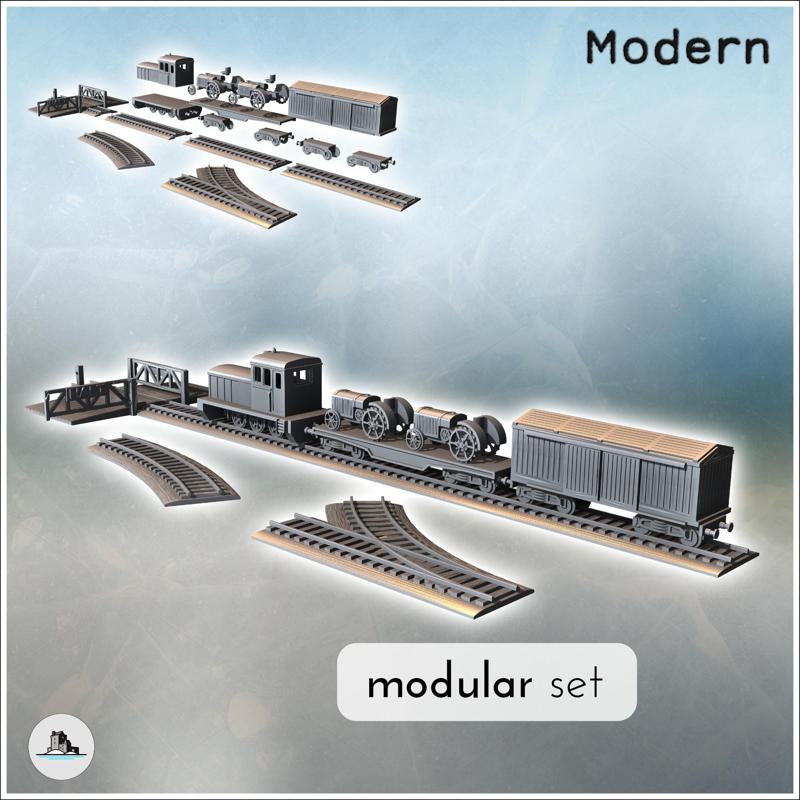Set of modern trains with diesel locomotive, platforms with tractors, and cattle transport wagons (2) - Modern WW2 WW1 World War Diaroma Wargaming RPG Mini Hobby