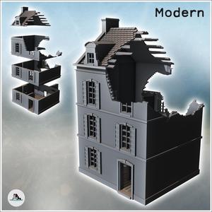 Square building with two floors and baroque-style roof windows (ruined version) (33) - Modern WW2 WW1 World War Diaroma Wargaming RPG Mini Hobby