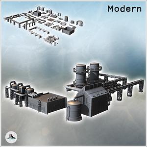 Modular industrial site set with large storage tanks, pillars with piping, and a building (14) - Modern WW2 WW1 World War Diaroma Wargaming RPG Mini Hobby