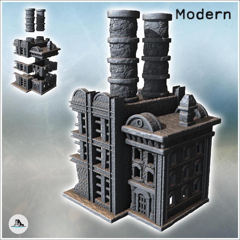 Destroyed modern factory with double chimneys and two storeys (3) - Future Sci-Fi SF Post apocalyptic Tabletop Scifi 28mm 15mm 20mm Modern