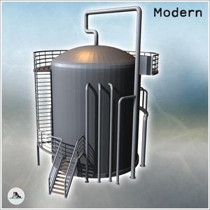 Round industrial tank with multiple pipes and access staircase (11) - Modern WW2 WW1 World War Diaroma Wargaming RPG Mini Hobby