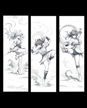 Anime kicks - Sketches of the process of attack - set of bookmarks