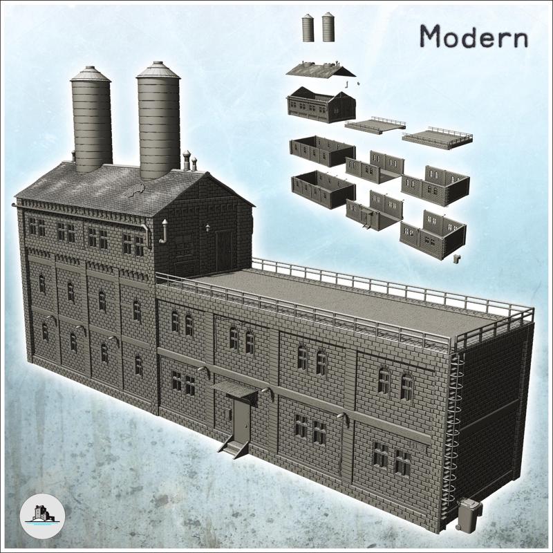 Large modern brick industrial production plant with flat roof double vats on roof (23) - Modern WW2 WW1 World War Diaroma Wargaming RPG Mini Hobby