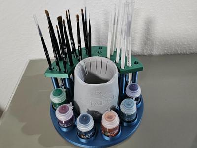 Brush holder with paints and cup holder
