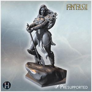 Female warrior with axe, shield, and flowing hair standing on a rocky platform (30) - Medieval Fantasy Magic Feudal Old Archaic Saga 28mm 15mm