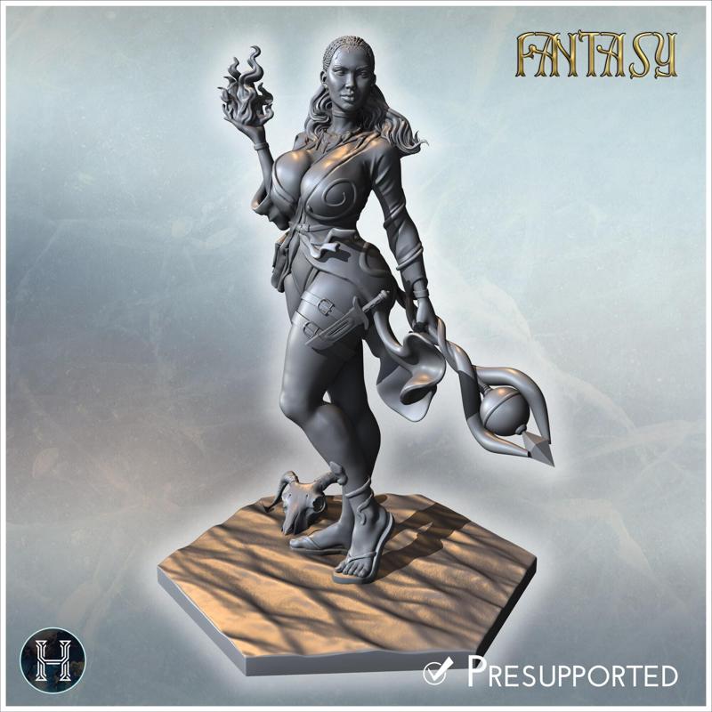 Succubus with alluring pose, holding flame, standing barefoot on a hexagonal sandy platform (22) - Medieval Fantasy Magic Feudal Old Archaic Saga 28mm 15mm