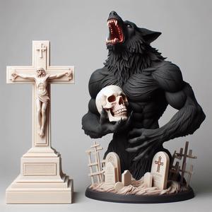 869 Ivory Werewolf Howling with Skull - 3D Model, magic, creature, fantasy, wood, base, sword, warrior, wild, cat, monster, dog, godzilla, fair, witch, werewolf, horror, beast, gothic, troll