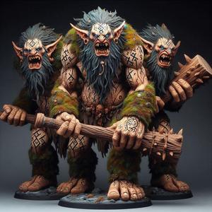 677 Three-Headed Troll - 3D-Printed Fantasy Statue with Club, character, sculpture, statue, creature, low poly, collectible, wood, sword, base, warrior, wild, dog, dragon, dnd, cat, monster hunter, monster, totem, totemic