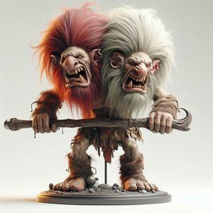 667 Two-Headed Roaring Norwegian Troll - 3D-Printed Ivory-Style Statue, fantasy, wood, base, sword, warrior, wild, low poly, dragon, dnd, cat, monster hunter, monster, dog, godzilla, fair, totem