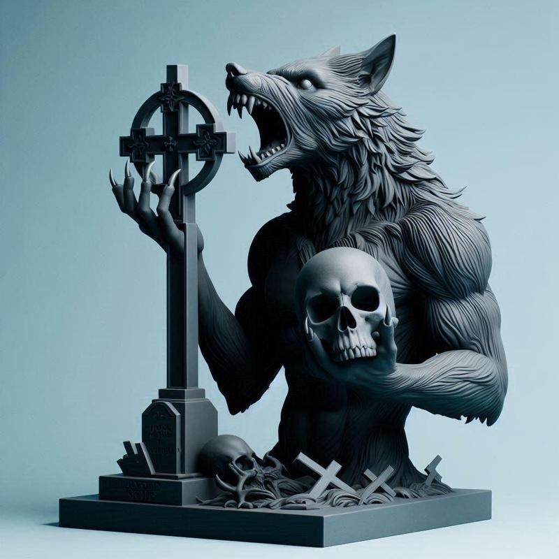 1070 COLORFUL Werewolf Howling with Skull - 3D Model, beast, magic, creature, fantasy, wood, base, sword, warrior, wild, cat, monster, dog, godzilla, fair, witch, werewolf, horror, beast, gothic, troll