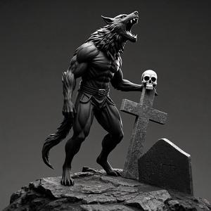 1815 Howling Werewolf with Skull - 3D Printed Statue, magic, dragon, serpent, mask, gnome, gorgon, venetian carnival, wild, fox, monster, cat, fair, witch, werewolf, horror, beast, snake, troll, skeleton dance