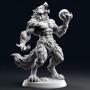 1907 Howling Werewolf with Skull - 3D Printed Statue, magic, dragon, serpent, mask, gnome, gorgon, venetian carnival, wild, fox, monster, cat, fair, witch, werewolf, horror, beast, snake, troll, skeleton dance