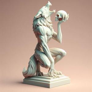496 Ivory Werewolf Howling with Skull - 3D Model, magic, collectible, creature, dinosaur, sculpture, bear, troll, monkey, witch, club, werewolf, serpent, cat, fantasy, fair