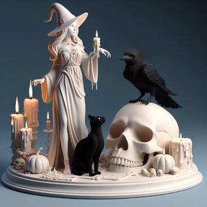 371 Elegant White Witch with Candles, Black Raven, Black Cat and Skull - Full-Body Figurine, magic, dragon, serpent, mask, gnome, gorgon, venetian carnival, wild, fox, monster, cat, fair, witch, werewolf, horror, beast, snake, troll, skeleton dance
