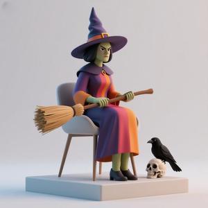 1651 Elegant Witch with Broom, Raven and Skull - Colorful Full-Body Figurine, magic, creature, fantasy, wood, gnome, gorgon, warrior, wild, fox, monster, cat, dog, fair, witch, werewolf, horror, beast, gothic, troll