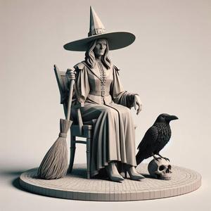 1357 Witch with Broom, Raven and Skull - Full-Body Figurine, magic, creature, fantasy, wood, gnome, gorgon, warrior, wild, fox, monster, cat, dog, fair, witch, werewolf, horror, beast, gothic, troll
