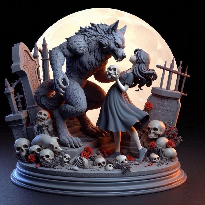 1296 Colorful 3D Model of Confused Werewolf and Brave Girl on Base, magic, creature, fantasy, wood, gnome, gorgon, warrior, wild, fox, monster, cat, dog, fair, witch, werewolf, horror, beast, gothic, troll