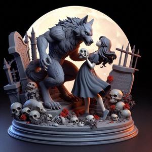 1296 Colorful 3D Model of Confused Werewolf and Brave Girl on Base, magic, creature, fantasy, wood, gnome, gorgon, warrior, wild, fox, monster, cat, dog, fair, witch, werewolf, horror, beast, gothic, troll
