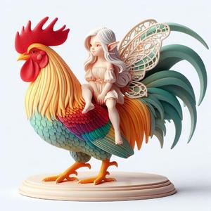 943 Fairy Rider - COLORFUL 3D-Printed Ivory-Style Statue of Fairy on Rooster, magic, witch, werewolf, fantasy, wood, base, sword, warrior, wild, dnd, cat, monster, dog, godzilla, fair, lion, fox, faun, pomeranian, beast