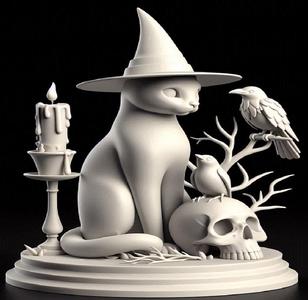 068 Witch Cat Composition - Skull, Raven & Candleholder on Shared Ivory Base, fantasy, art, sculpture, model, animal, 3d model, statue, creature, magic, 3d print, collectible, cat, bear, witch, dinosaur, wooden, dragon