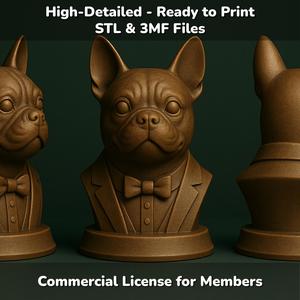 French Bulldog Suited Dog Bust - 3D Printable STL 3MF File - Pet Memorial Statue - Dog Model Downloa