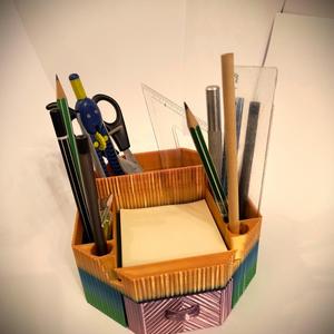 DESK ORGANIZER. A phone holder, a secret compartment and plenty of space for pens and pencils.