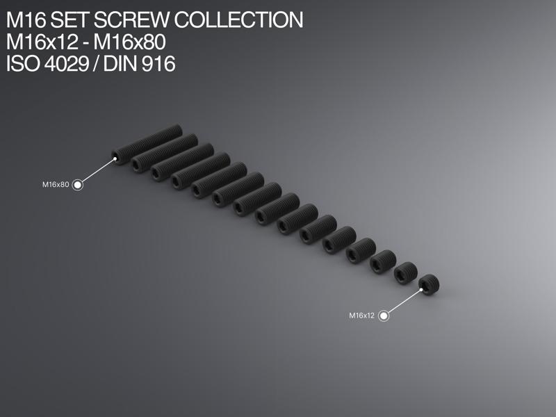 M16 Set Screw Collection M16x12-M16x80 ISO 4029 / DIN 916