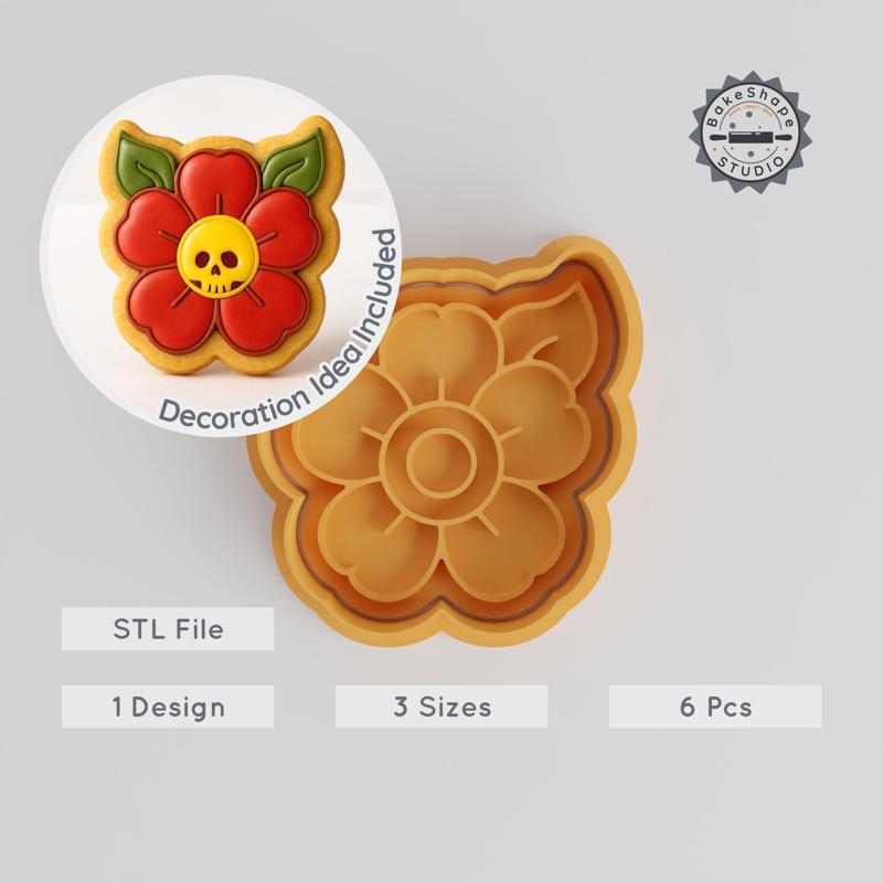 Flower Shape Cutter & Stamp Set, Cookie & Fondant Tool, S/M/L, Day of the Dead Design, 6-Piece Collection PRODUCT_937